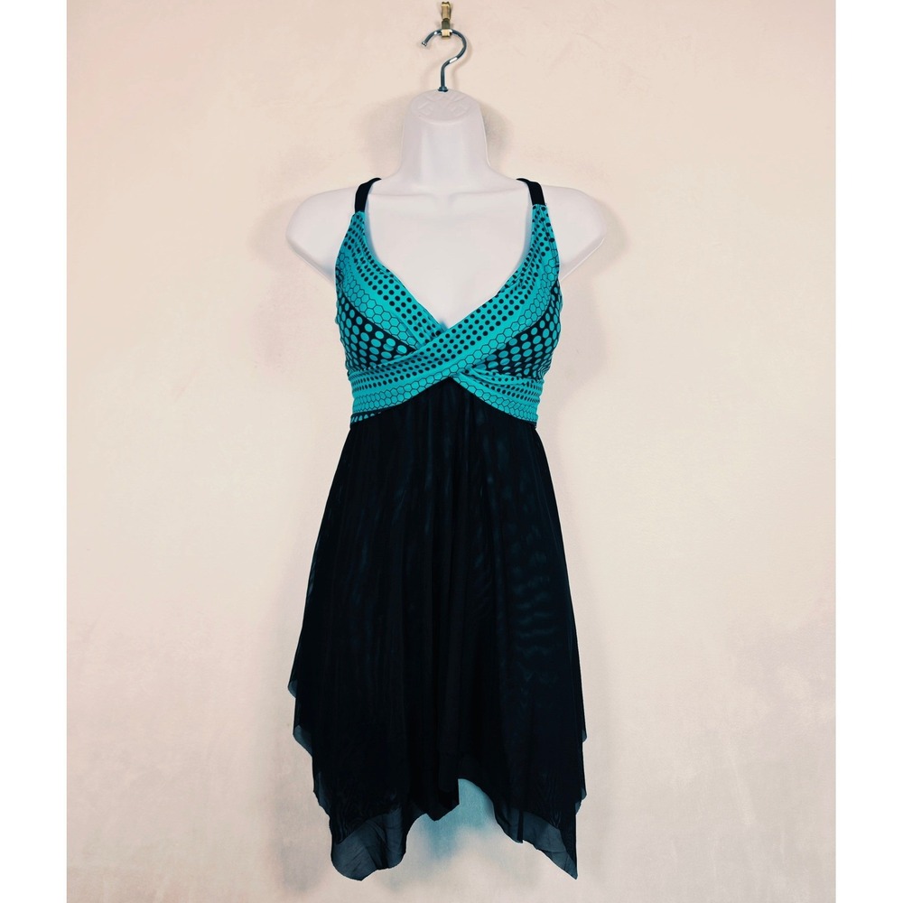 Womens Swimsuit Dress L Black Green Polka Dot Pinup Babydoll Asymmetric Top Only